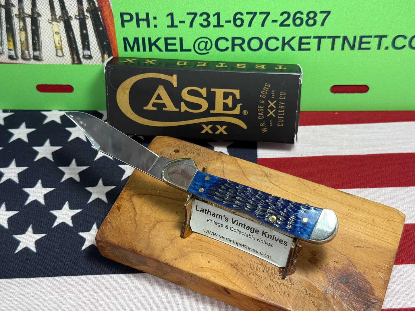 CASE XX USA, W.R. CASE 2024 MINI COPPERLOCK 61749L SS CONVERTED AMERICAN AUTOMATIC D/A CUSTOM AUTOMATIC KNIFE NAVY BLUE BONE ROGERS JIG HANDLES WITH CASE RED SHIELD