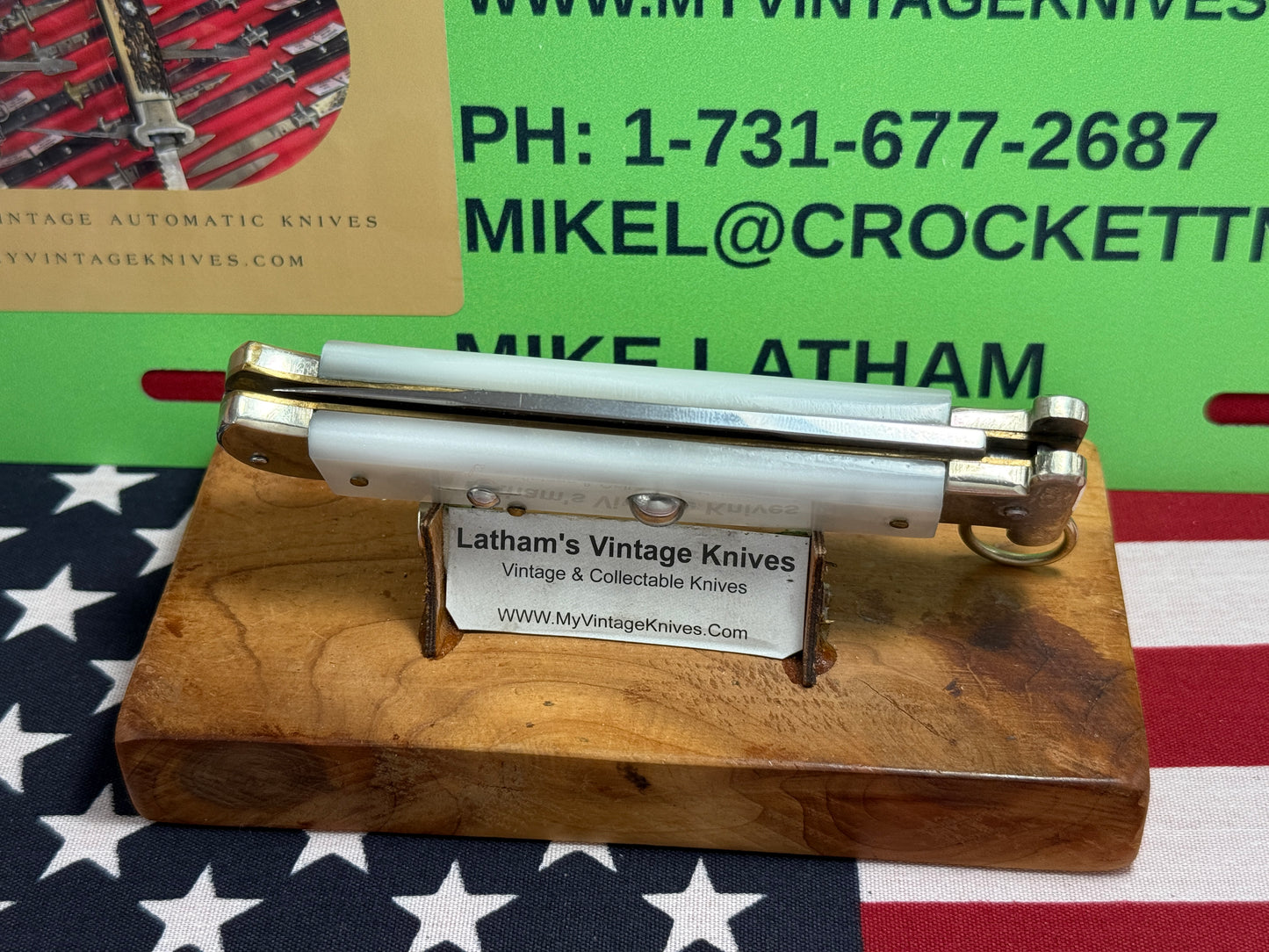 A.G.A. CAMPOLIN ITALY 2015 RING PULL FRANCESE ITALIAN AUTOMATIC KNIFE WHITE PEARLX HANDLES