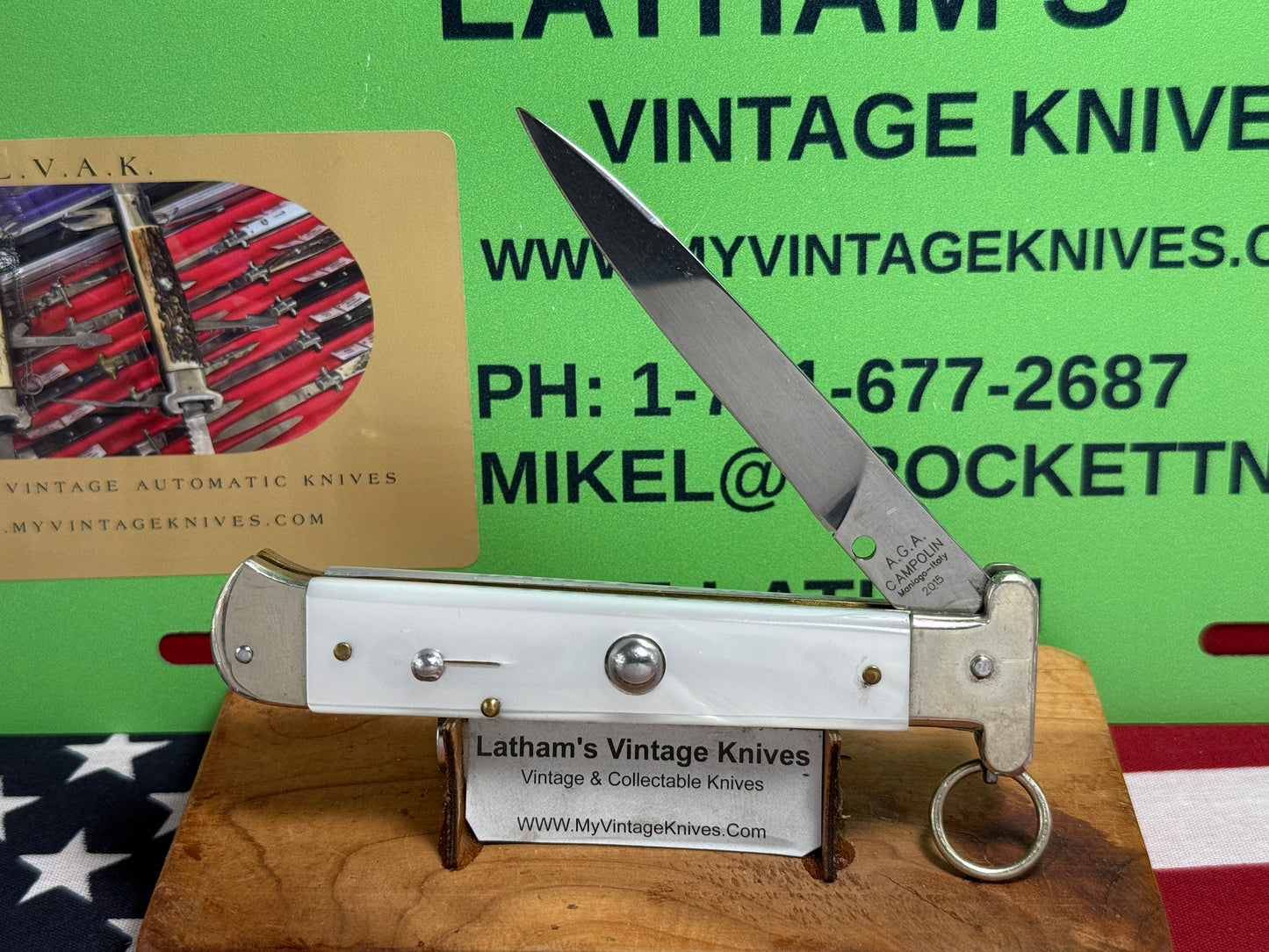 A.G.A. CAMPOLIN ITALY 2015 RING PULL FRANCESE ITALIAN AUTOMATIC KNIFE WHITE PEARLX HANDLES