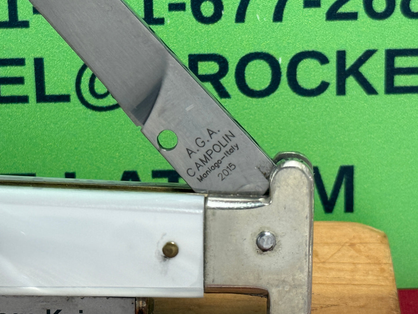 A.G.A. CAMPOLIN ITALY 2015 RING PULL FRANCESE ITALIAN AUTOMATIC KNIFE WHITE PEARLX HANDLES