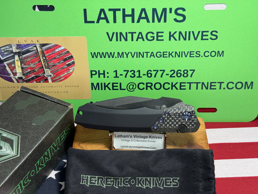 HERETIC KNIVES USA 2023 AUTO WRAITH DLC H000-6A BLUE Ti HARDWARE TACTICAL AUTOMATIC KNIFE CARBON FIBER BOLSTERS.