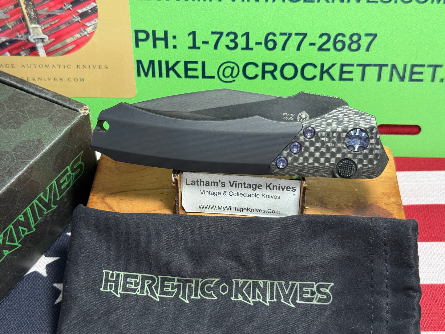 HERETIC KNIVES USA 2023 AUTO WRAITH DLC H000-6A BLUE Ti HARDWARE TACTICAL AUTOMATIC KNIFE CARBON FIBER BOLSTERS.
