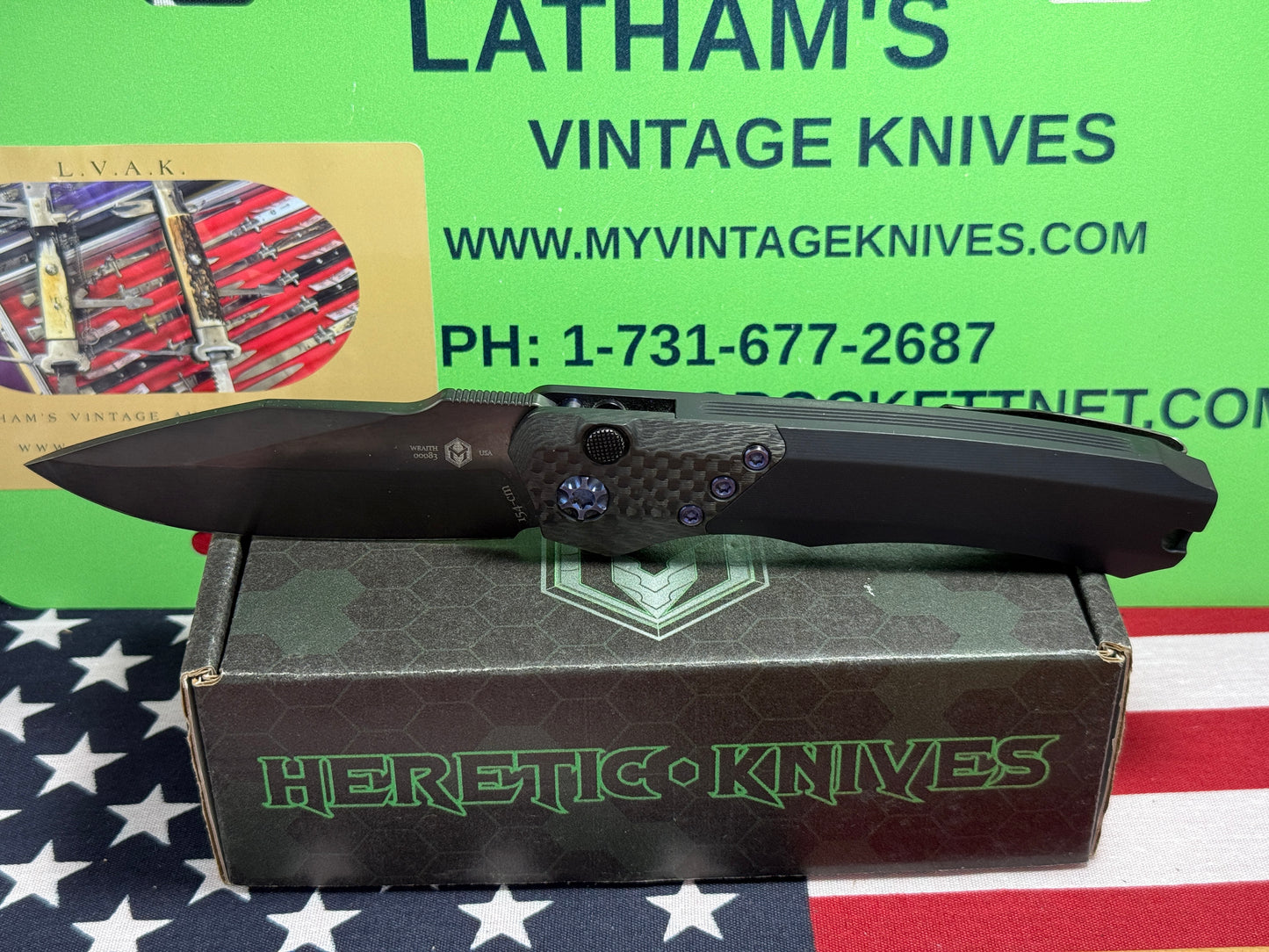 HERETIC KNIVES USA 2023 AUTO WRAITH DLC H000-6A BLUE Ti HARDWARE TACTICAL AUTOMATIC KNIFE CARBON FIBER BOLSTERS.