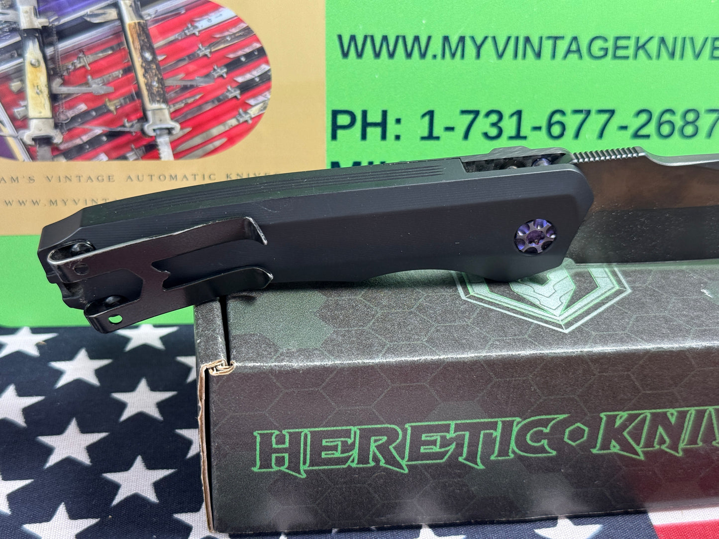 HERETIC KNIVES USA 2023 AUTO WRAITH DLC H000-6A BLUE Ti HARDWARE TACTICAL AUTOMATIC KNIFE CARBON FIBER BOLSTERS.