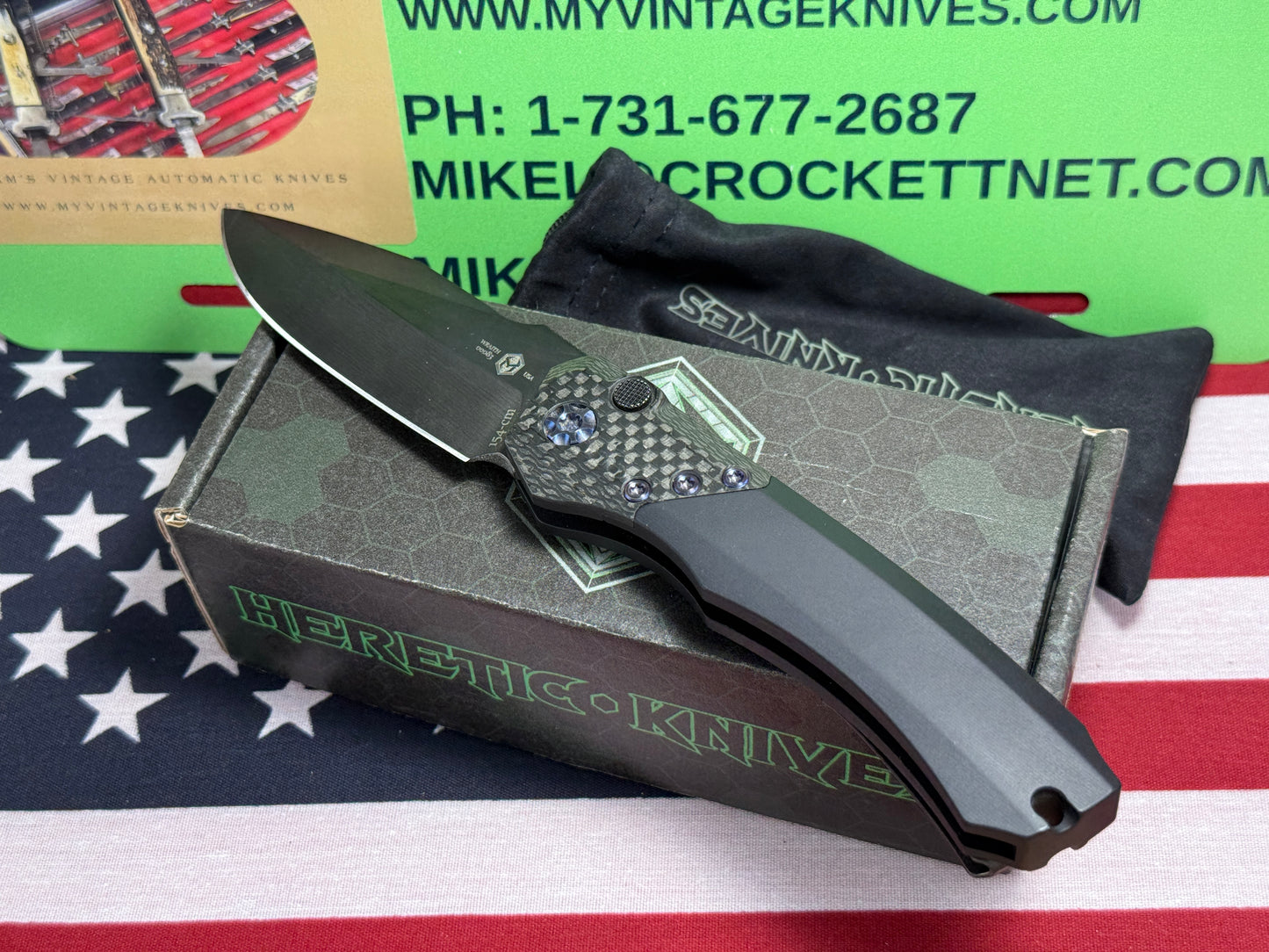 HERETIC KNIVES USA 2023 AUTO WRAITH DLC H000-6A BLUE Ti HARDWARE TACTICAL AUTOMATIC KNIFE CARBON FIBER BOLSTERS.