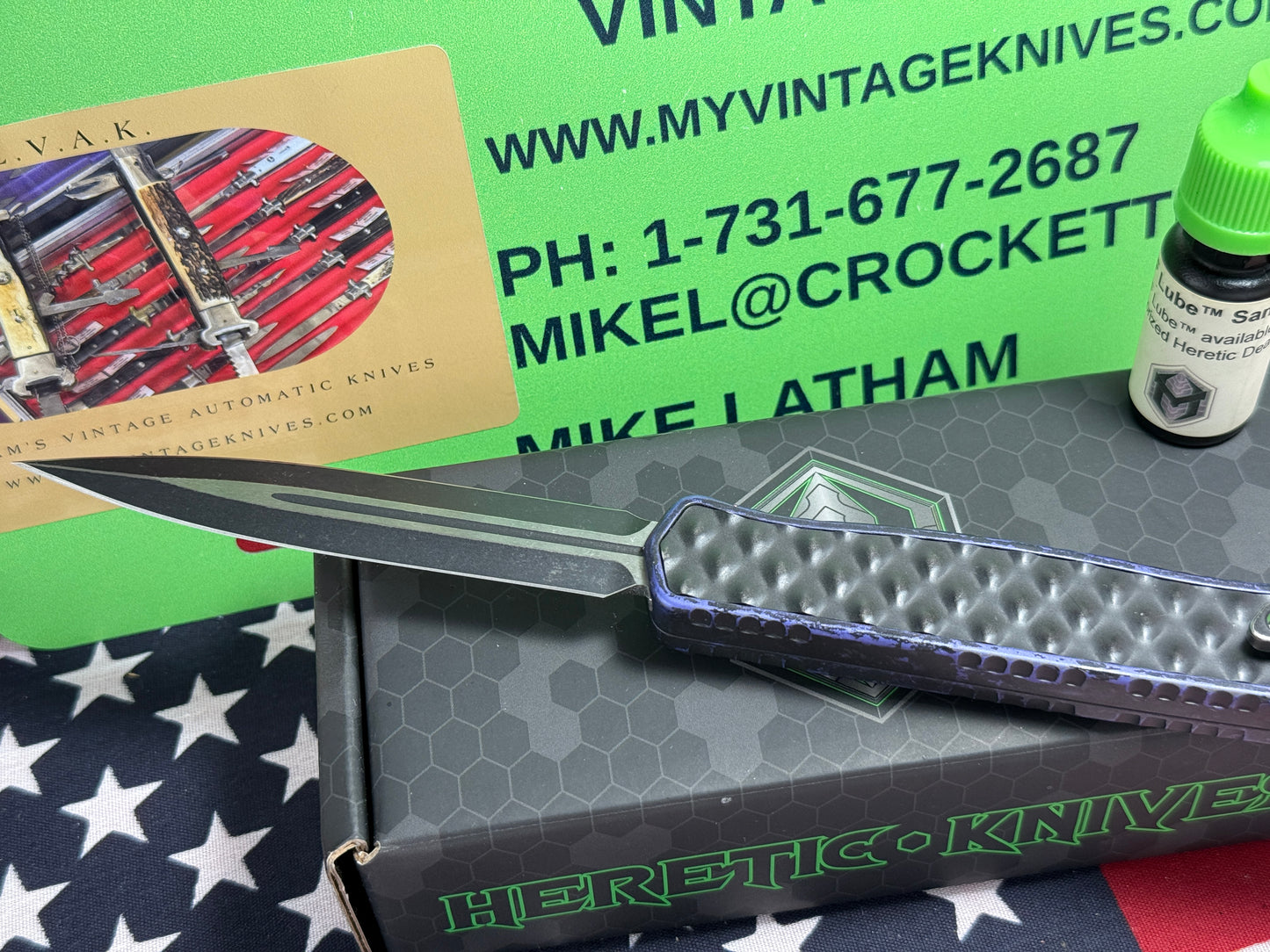 HERETIC KNIVES USA 2023 CLERIC II OTF DOUBLE EDGE H020-14A-BRKPU TACTICAL AUTOMATIC KNIFE BREAKTHROUGH PURPLE BUBBLE HANDLES