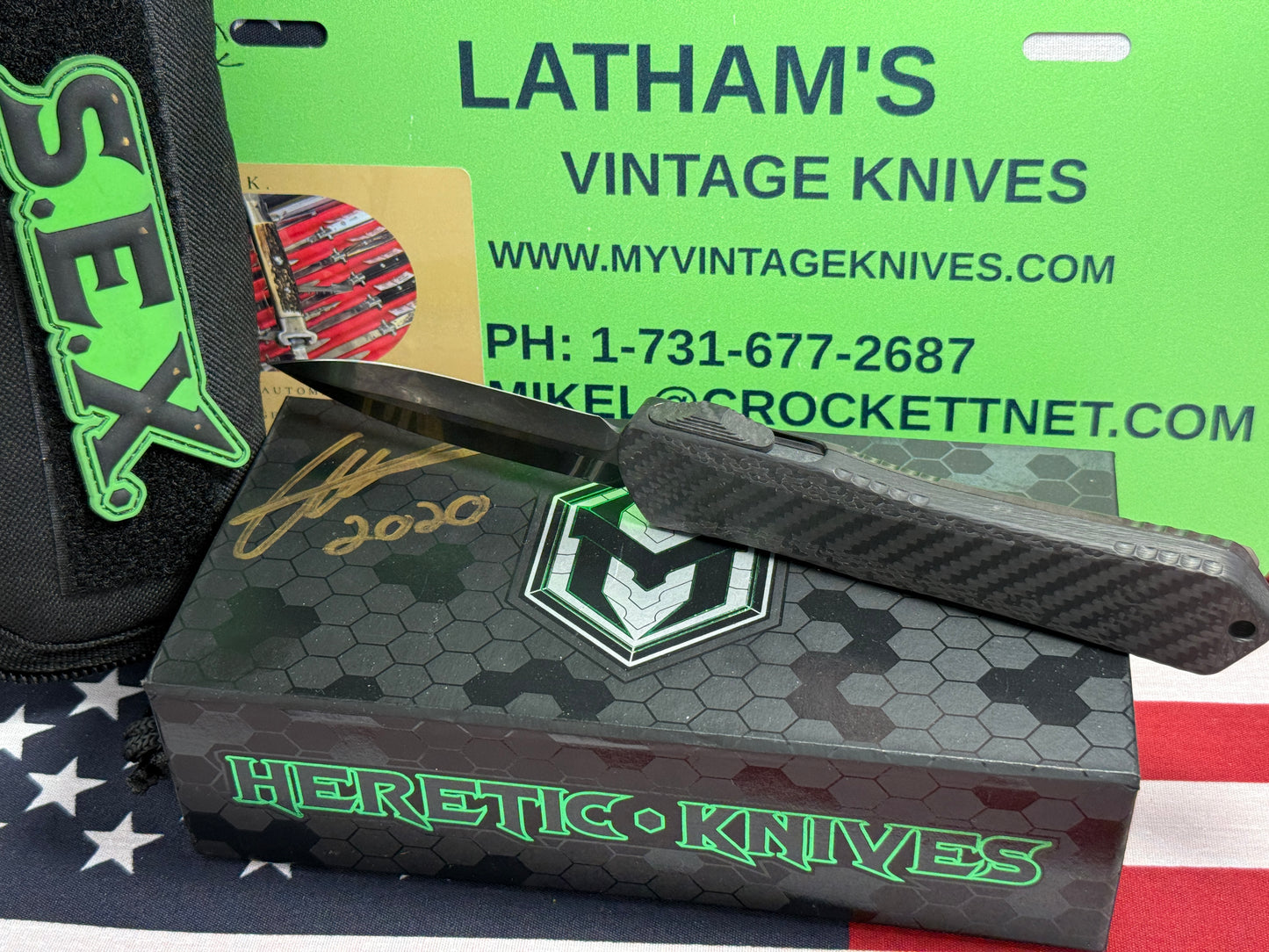 HERETIC KNIVES USA 2020 CUSTOM OTF MANTICORE X D/E CARBON FIBER FRONT W/ DLC FLAMED TITANIUM BACK HANDLE HAND GROUND STONEWASHED DLC BLADE CUSTOM AUTOMATIC KNIFE