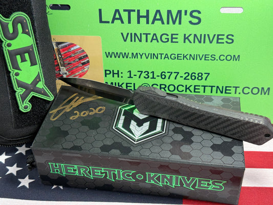 HERETIC KNIVES USA 2020 CUSTOM OTF MANTICORE X D/E CARBON FIBER FRONT W/ DLC FLAMED TITANIUM BACK HANDLE HAND GROUND STONEWASHED DLC BLADE CUSTOM AUTOMATIC KNIFE