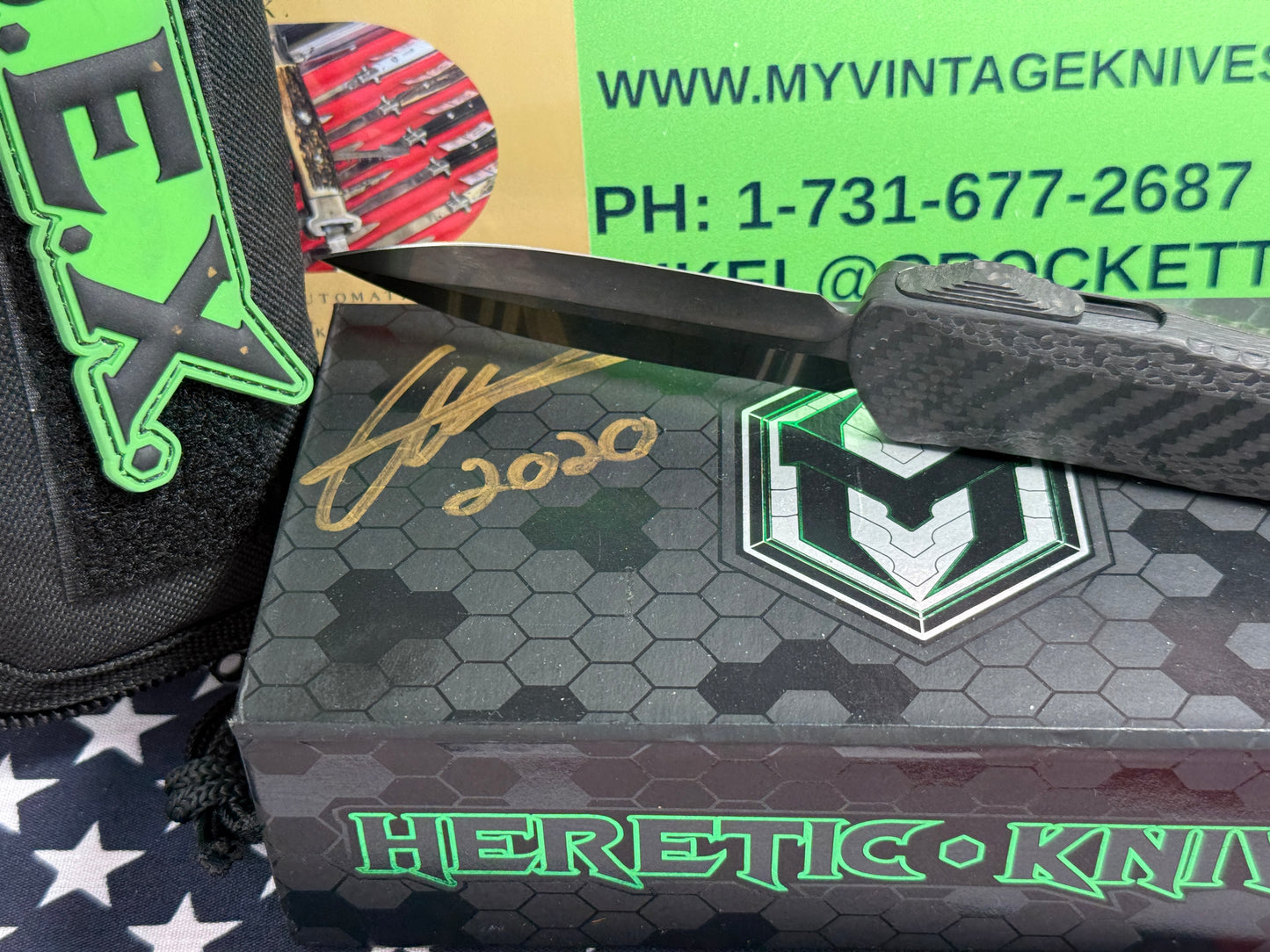 HERETIC KNIVES USA 2020 CUSTOM OTF MANTICORE X D/E CARBON FIBER FRONT W/ DLC FLAMED TITANIUM BACK HANDLE HAND GROUND STONEWASHED DLC BLADE CUSTOM AUTOMATIC KNIFE