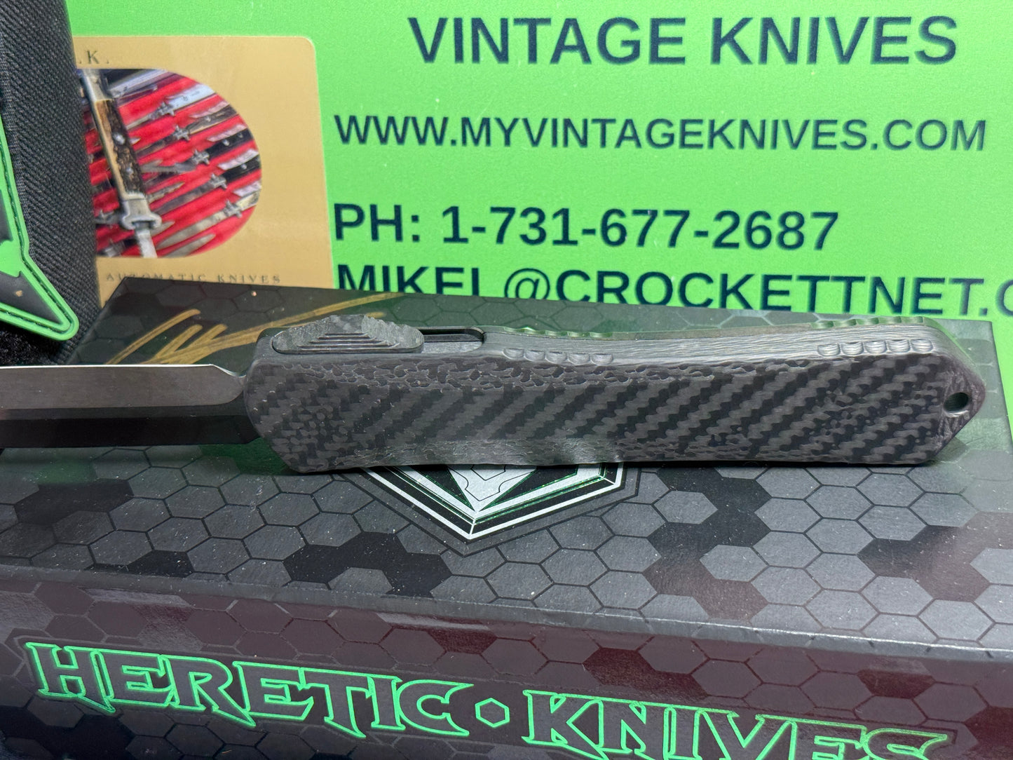 HERETIC KNIVES USA 2020 CUSTOM OTF MANTICORE X D/E CARBON FIBER FRONT W/ DLC FLAMED TITANIUM BACK HANDLE HAND GROUND STONEWASHED DLC BLADE CUSTOM AUTOMATIC KNIFE