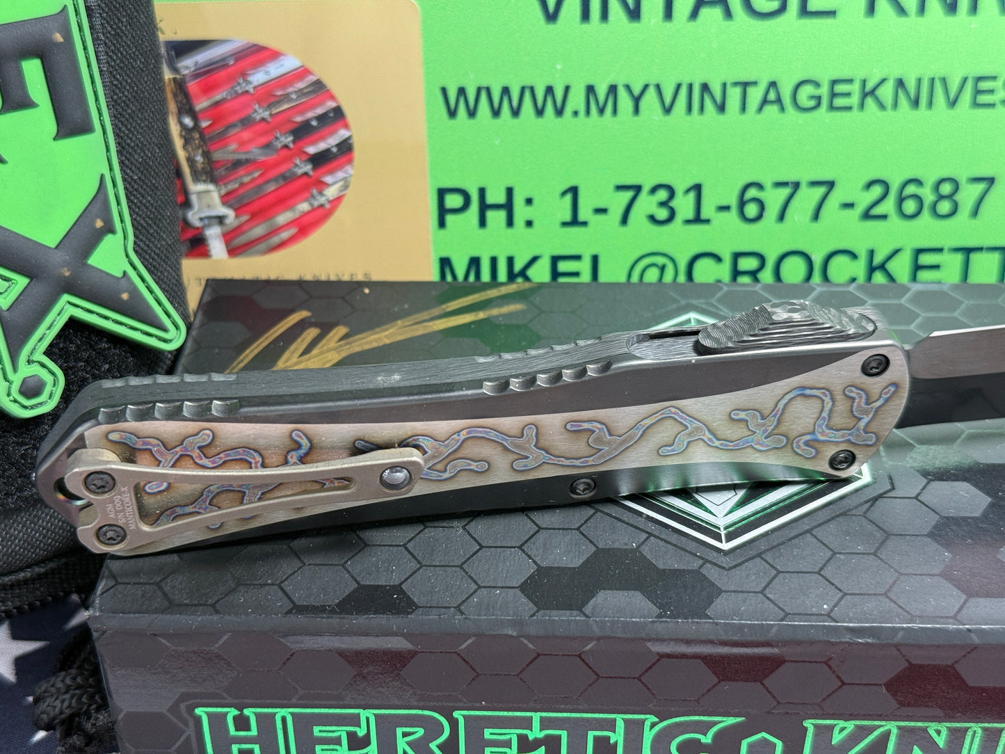 HERETIC KNIVES USA 2020 CUSTOM OTF MANTICORE X D/E CARBON FIBER FRONT W/ DLC FLAMED TITANIUM BACK HANDLE HAND GROUND STONEWASHED DLC BLADE CUSTOM AUTOMATIC KNIFE