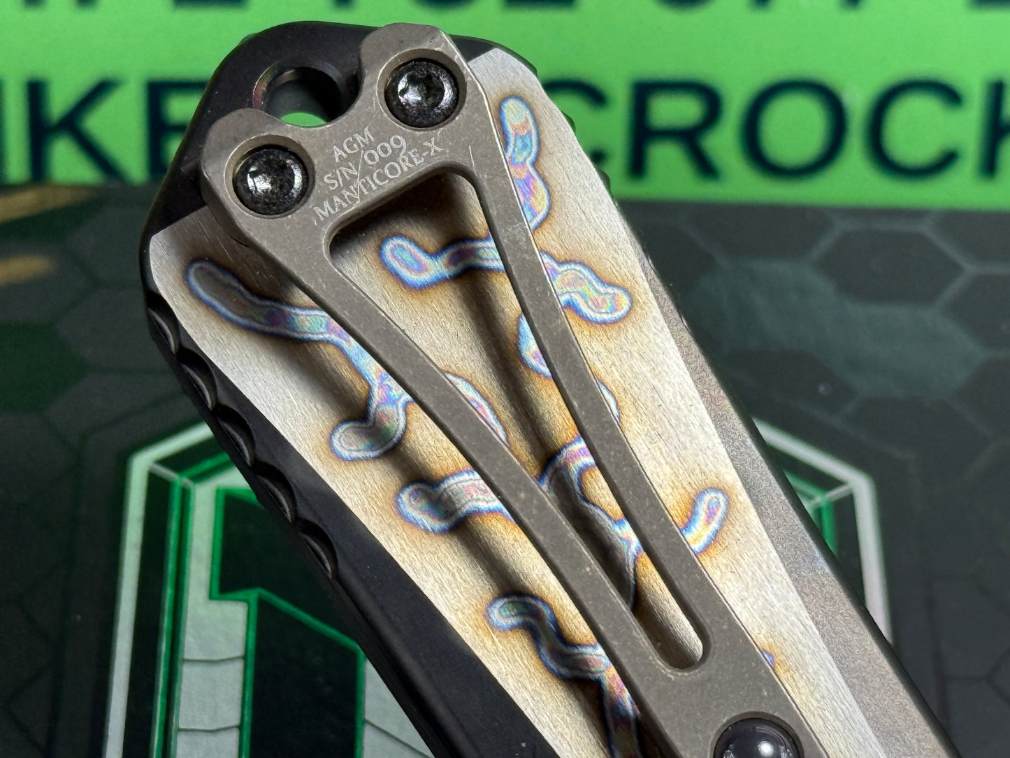 HERETIC KNIVES USA 2020 CUSTOM OTF MANTICORE X D/E CARBON FIBER FRONT W/ DLC FLAMED TITANIUM BACK HANDLE HAND GROUND STONEWASHED DLC BLADE CUSTOM AUTOMATIC KNIFE