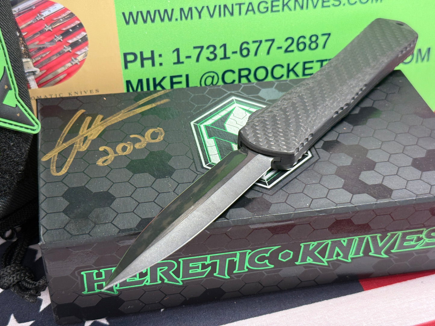 HERETIC KNIVES USA 2020 CUSTOM OTF MANTICORE X D/E CARBON FIBER FRONT W/ DLC FLAMED TITANIUM BACK HANDLE HAND GROUND STONEWASHED DLC BLADE CUSTOM AUTOMATIC KNIFE
