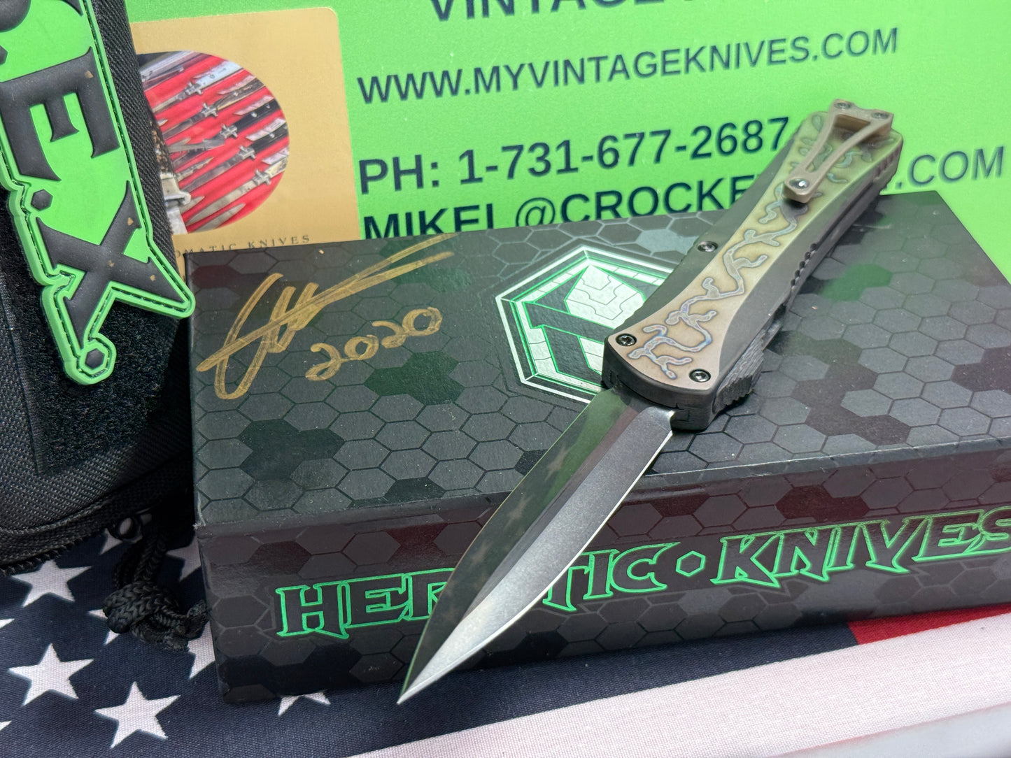 HERETIC KNIVES USA 2020 CUSTOM OTF MANTICORE X D/E CARBON FIBER FRONT W/ DLC FLAMED TITANIUM BACK HANDLE HAND GROUND STONEWASHED DLC BLADE CUSTOM AUTOMATIC KNIFE