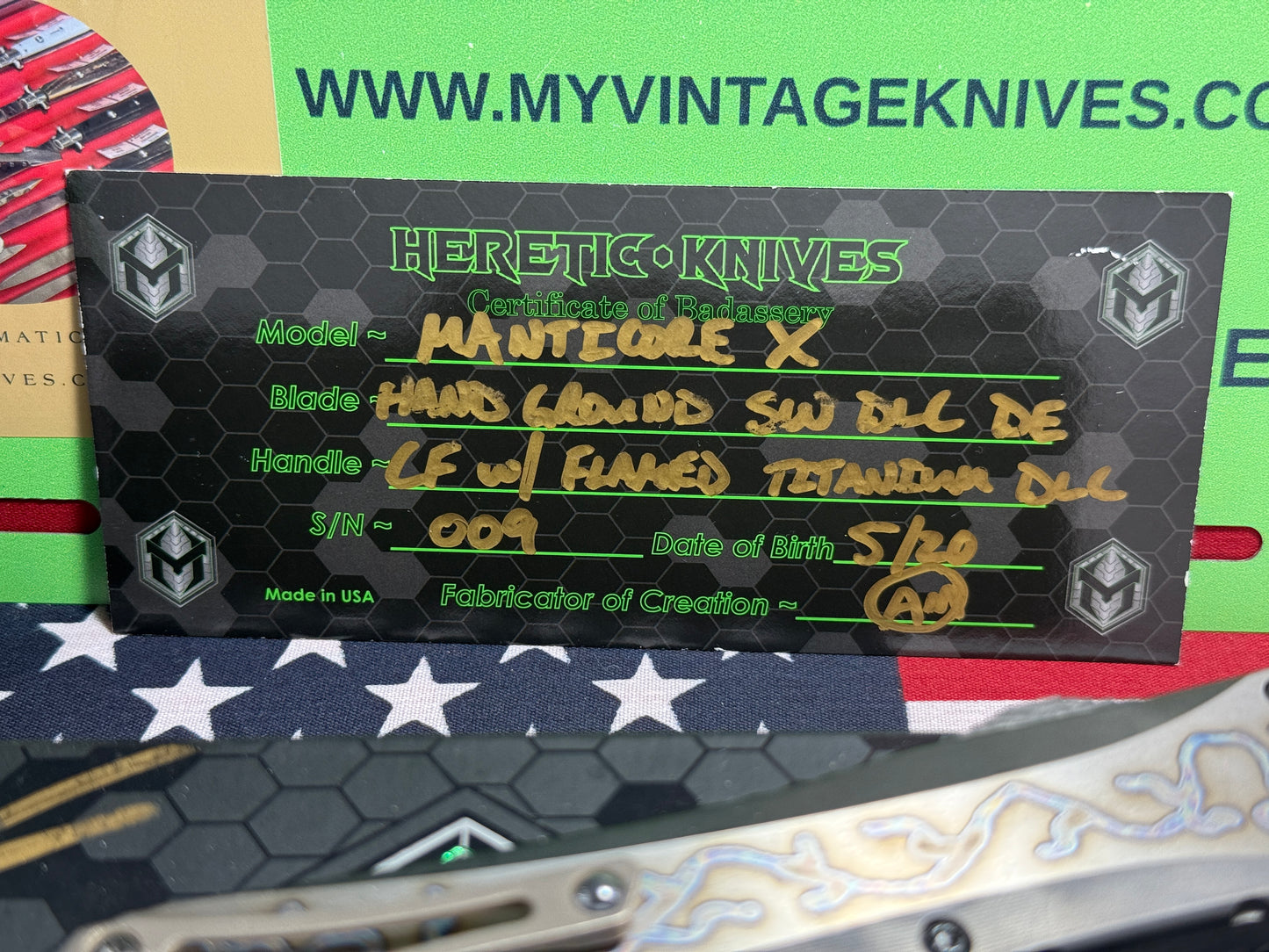 HERETIC KNIVES USA 2020 CUSTOM OTF MANTICORE X D/E CARBON FIBER FRONT W/ DLC FLAMED TITANIUM BACK HANDLE HAND GROUND STONEWASHED DLC BLADE CUSTOM AUTOMATIC KNIFE