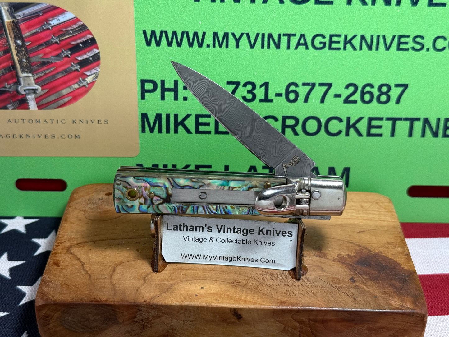 AKC ITALY 2022 LEVER AUTOMATIC SPRINGER DAMACUS STEEL 6" ITALIAN AUTOMATIC KNIFE ABALONE PEARL HANDLES