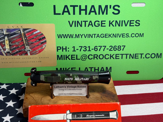 NATO MILITARY OTF 1980-85 SUPER AUTOMATIC SPRINGER VINTAGE IMPORTED AUTOMATIC KNIFE ARMY GREEN PLASTIC OVER METAL HANDLES