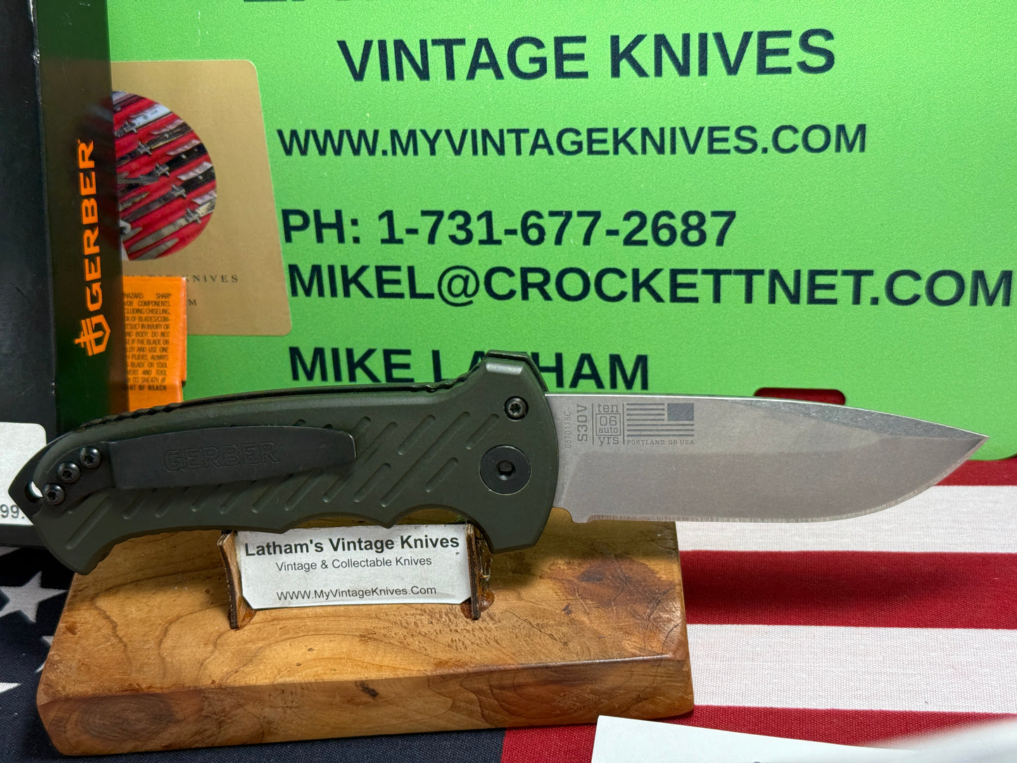 GERBER USA 2016 AUTO 06 TACTICAL 10 YR ANNIVERSARY TACTICAL AUTOMATIC KNIFE OD GREEN ALUMINUM HANDLES.