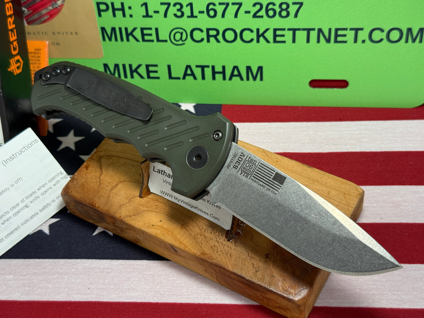 GERBER USA 2016 AUTO 06 TACTICAL 10 YR ANNIVERSARY TACTICAL AUTOMATIC KNIFE OD GREEN ALUMINUM HANDLES.