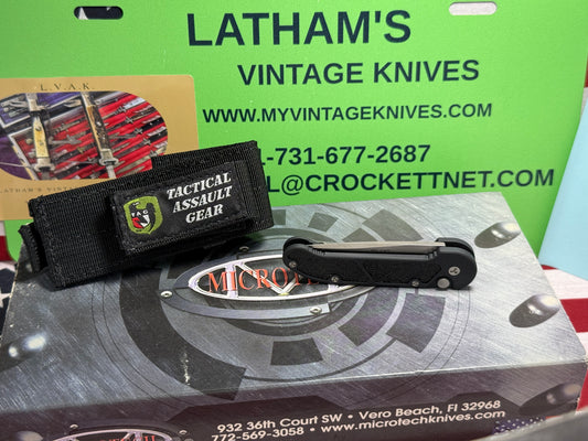 MICROTECH USA 03/2005 TACTICAL MINI U.M.S. STONEWASH PLAIN S/N 1256 TACTICAL AUTOMATIC KNIFE BLACK METAL HANDLES