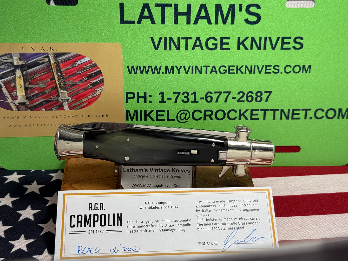 A.G.A. CAMPOLIN MANIAGO ITALY 2023 FULCRUM RELEASE SQUARE BUTTON BLACK WIDOW ITALIAN AUTOMATIC KNIFE BUFFALO HORN HANDLES