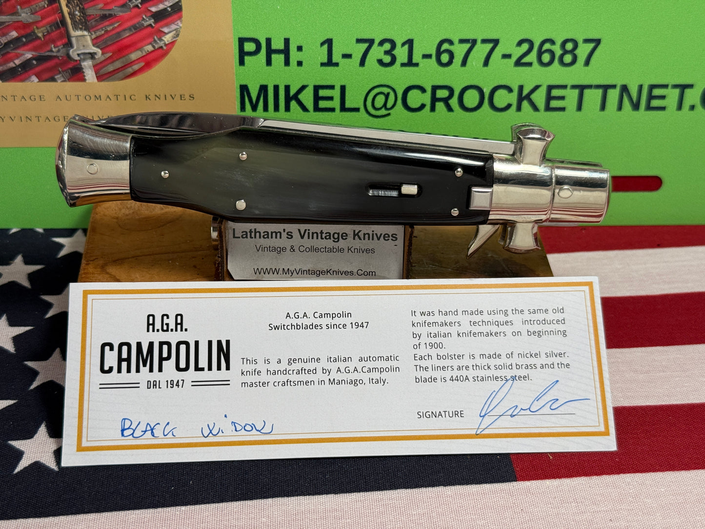 A.G.A. CAMPOLIN MANIAGO ITALY 2023 FULCRUM RELEASE SQUARE BUTTON BLACK WIDOW ITALIAN AUTOMATIC KNIFE BUFFALO HORN HANDLES