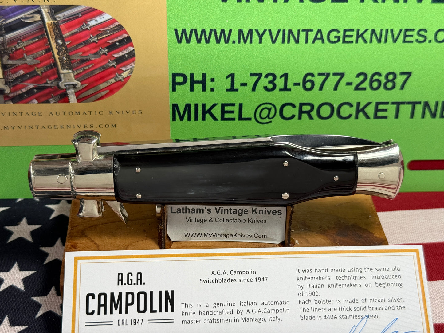 A.G.A. CAMPOLIN MANIAGO ITALY 2023 FULCRUM RELEASE SQUARE BUTTON BLACK WIDOW ITALIAN AUTOMATIC KNIFE BUFFALO HORN HANDLES