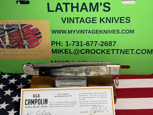 A.G.A. CAMPOLIN MANIAGO ITALY 2023 RING PULL RELEASE SICILIAN 12" ITALIAN AUTOMATIC KNIFE BRAZILIAN HORN HANDLES