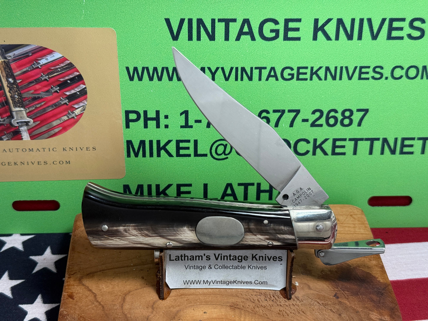 A.G.A. CAMPOLIN MANIAGO ITALY 2007 FULCRUM RELEASE OVAL BUTTON 60TH ANNIVERSARY ITALIAN AUTOMATIC KNIFE BUFFALO HORN HANDLES