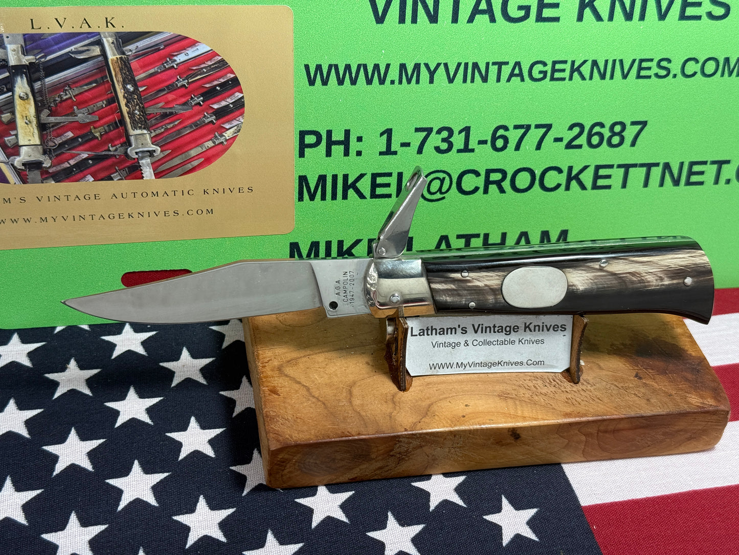 A.G.A. CAMPOLIN MANIAGO ITALY 2007 FULCRUM RELEASE OVAL BUTTON 60TH ANNIVERSARY ITALIAN AUTOMATIC KNIFE BUFFALO HORN HANDLES