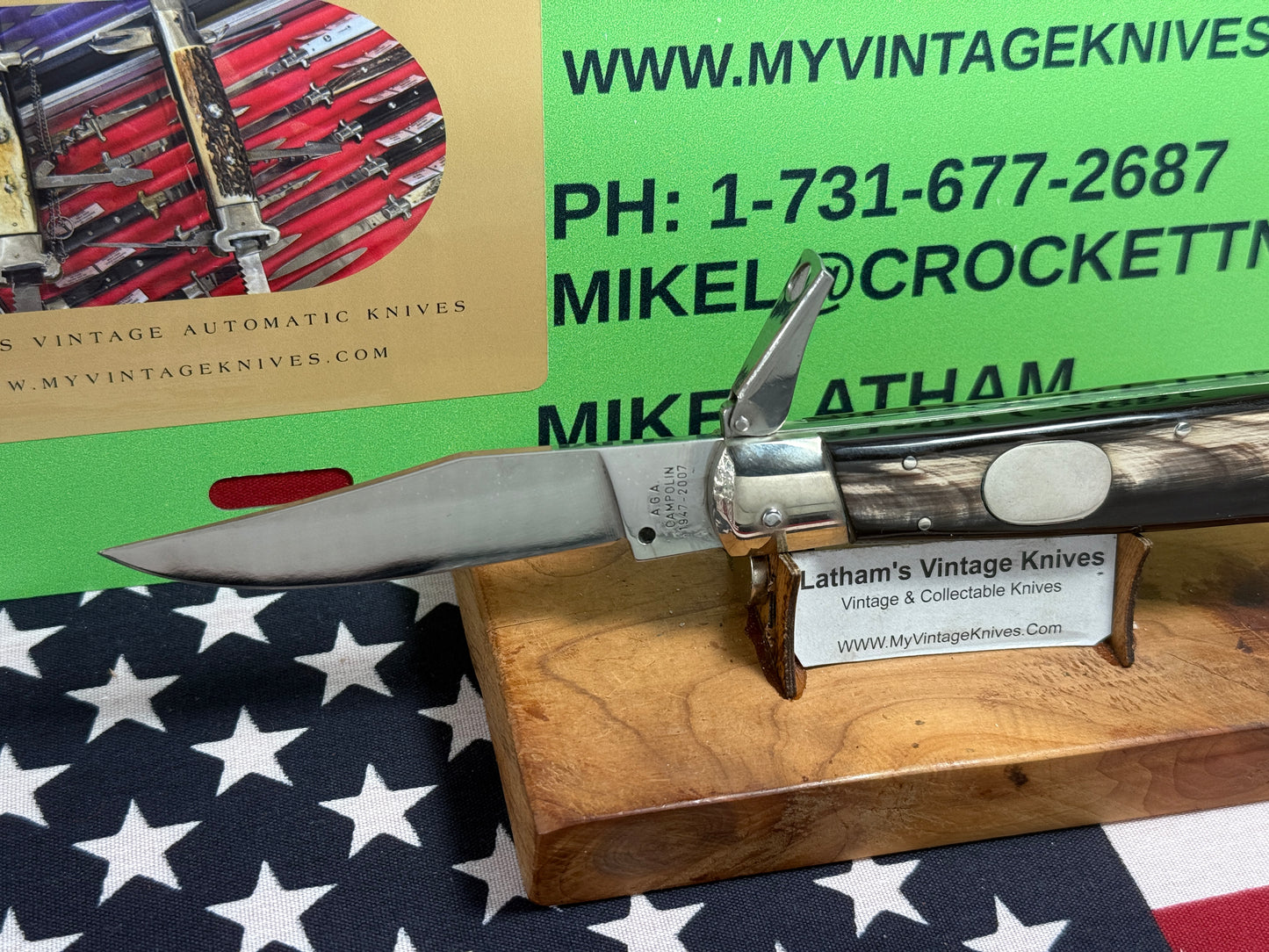 A.G.A. CAMPOLIN MANIAGO ITALY 2007 FULCRUM RELEASE OVAL BUTTON 60TH ANNIVERSARY ITALIAN AUTOMATIC KNIFE BUFFALO HORN HANDLES