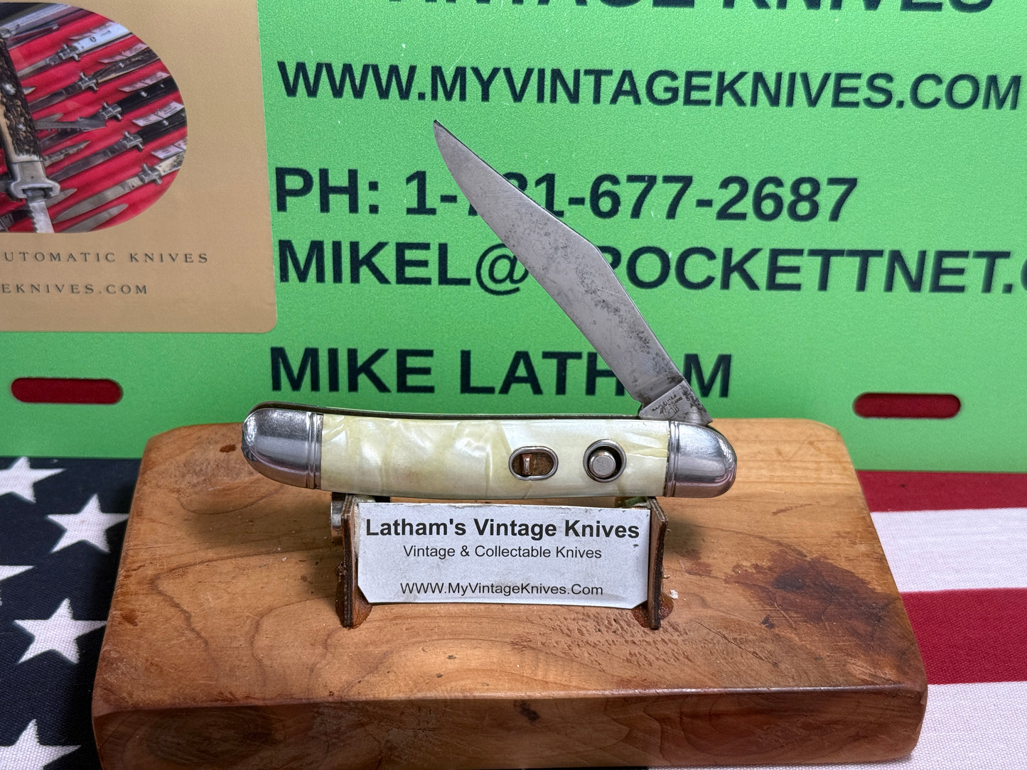 HAMMER BRAND USA IMPERIAL KNIFE CO. 1945-1955 UTILITY JACK 3 1/2" VINTAGE AMERICAN AUTOMATIC KNIFE CRACKED ICE COMPOSITION SHELL WRAP HANDLES