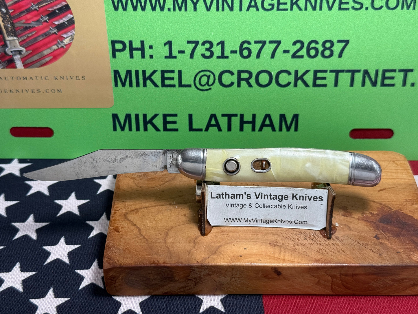 HAMMER BRAND USA IMPERIAL KNIFE CO. 1945-1955 UTILITY JACK 3 1/2" VINTAGE AMERICAN AUTOMATIC KNIFE CRACKED ICE COMPOSITION SHELL WRAP HANDLES