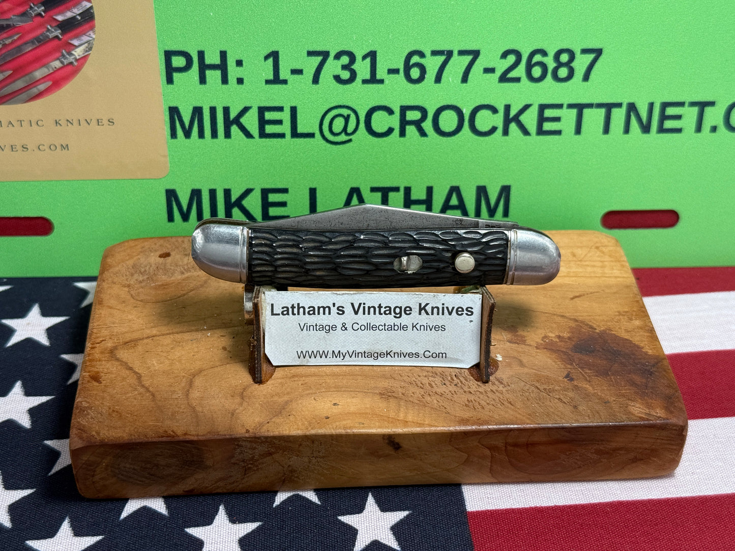 HAMMER BRAND USA IMPERIAL KNIFE CO. 1945-1955 UTILITY JACK 3 1/2" VINTAGE AMERICAN AUTOMATIC KNIFE BLACK JIGGED COMPOSITION SHELL WRAP HANDLES