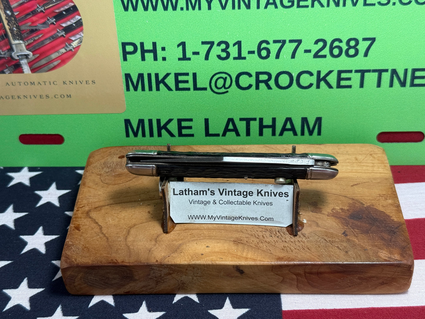 HAMMER BRAND USA IMPERIAL KNIFE CO. 1945-1955 UTILITY JACK 3 1/2" VINTAGE AMERICAN AUTOMATIC KNIFE BLACK JIGGED COMPOSITION SHELL WRAP HANDLES