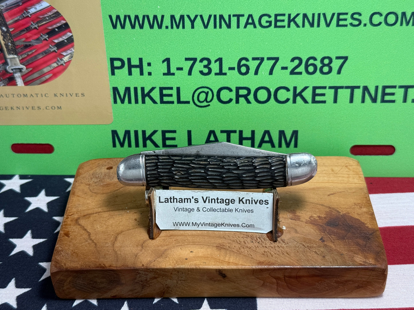 HAMMER BRAND USA IMPERIAL KNIFE CO. 1945-1955 UTILITY JACK 3 1/2" VINTAGE AMERICAN AUTOMATIC KNIFE BLACK JIGGED COMPOSITION SHELL WRAP HANDLES