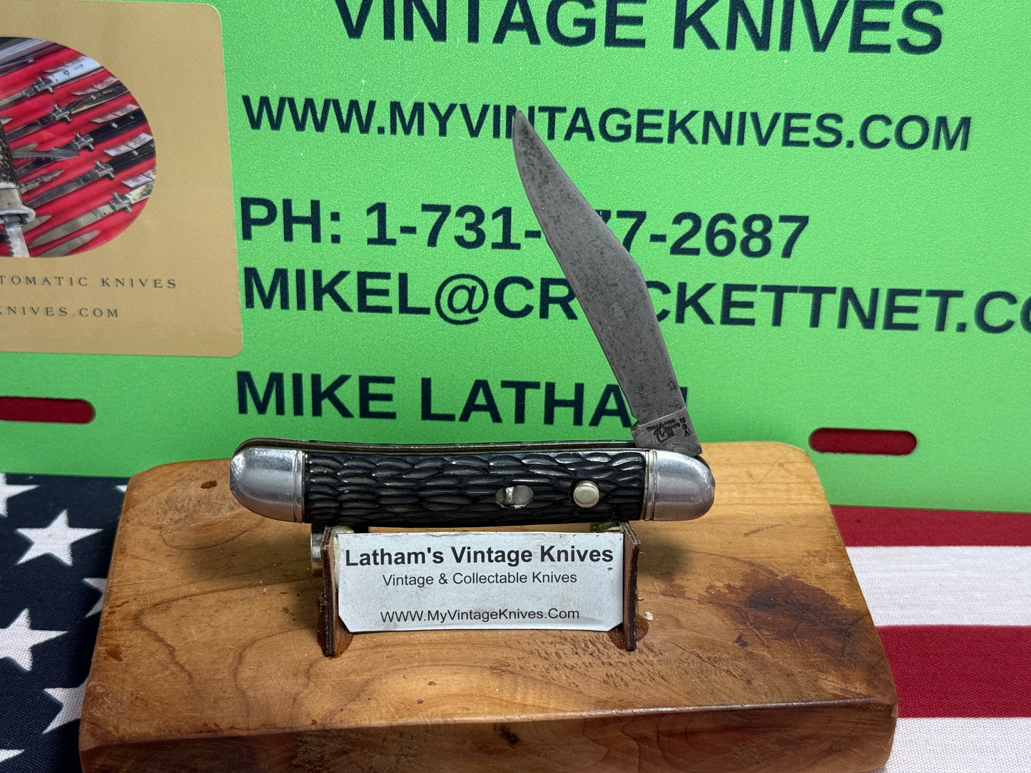 HAMMER BRAND USA IMPERIAL KNIFE CO. 1945-1955 UTILITY JACK 3 1/2" VINTAGE AMERICAN AUTOMATIC KNIFE BLACK JIGGED COMPOSITION SHELL WRAP HANDLES