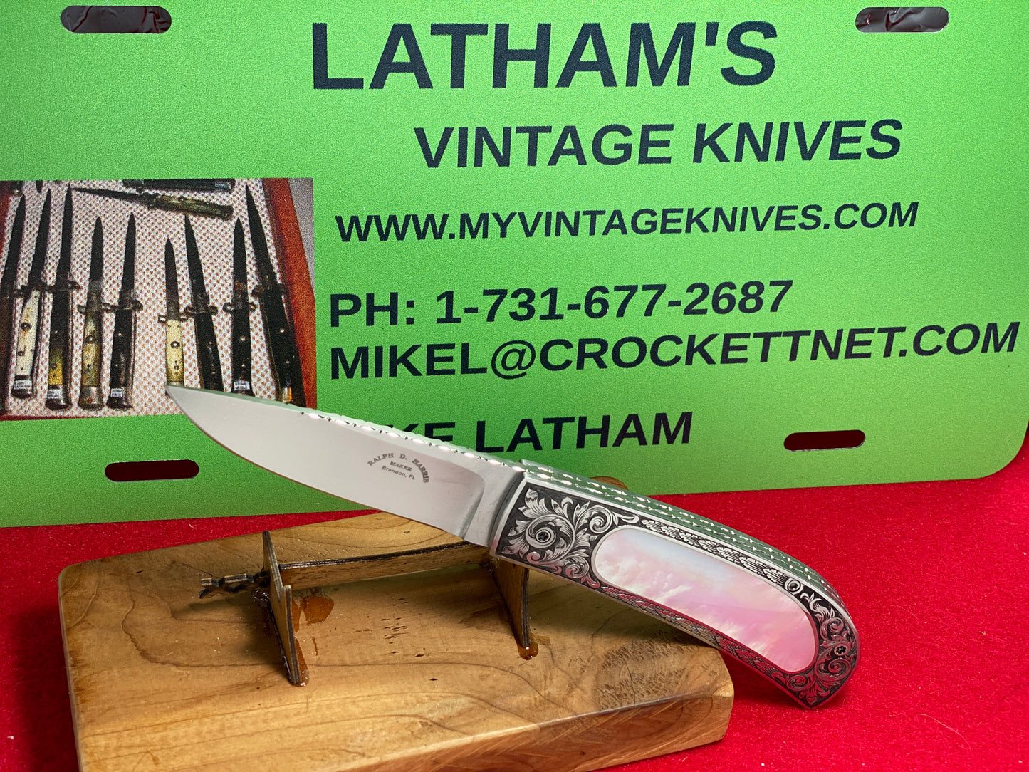 HARRIS, RALPH DEWEY CUSTOM BRANDON FLORIDA SCALE RELEASE CUSTOM AUTOMATIC KNIFE PEARL INSERTS HANDLES