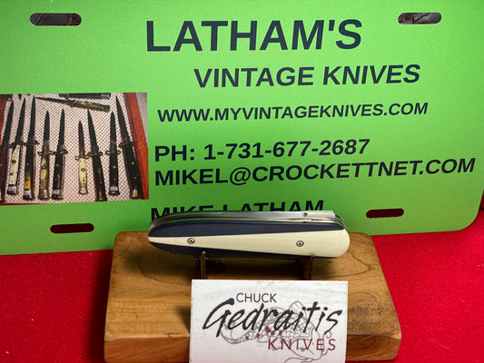 GEDRAITIS,CHUCK KNIVES 2024 CHURCHILL ART DECO 1 OF 1 CUSTOM AUTOMATIC KNIFE BLUE/WHITE G-10 HANDLES