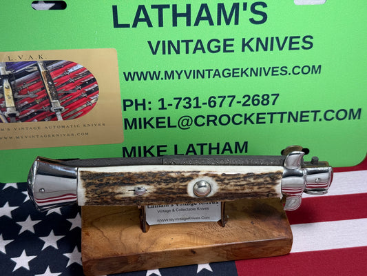 STERILE A.G.A. CAMPOLIN 2010 STILETTO SWIVEL BOLSTER DAMACUS STEEL 38 CM ITALIAN AUTOMATIC KNIFE STAG HANDLES