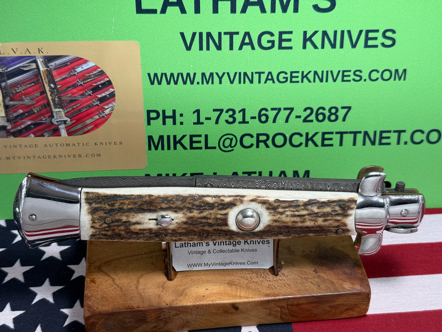 STERILE A.G.A. CAMPOLIN 2010 STILETTO SWIVEL BOLSTER DAMACUS STEEL 38 CM ITALIAN AUTOMATIC KNIFE STAG HANDLES