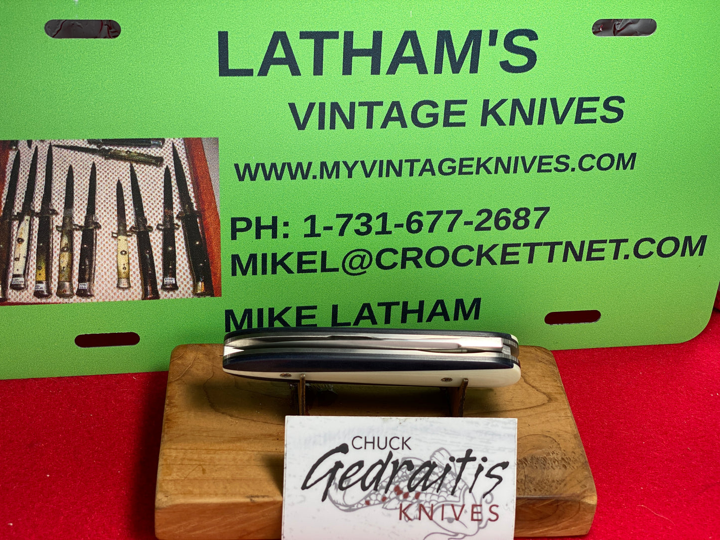 GEDRAITIS,CHUCK KNIVES 2024 CHURCHILL ART DECO 1 OF 1 CUSTOM AUTOMATIC KNIFE BLUE/WHITE G-10 HANDLES