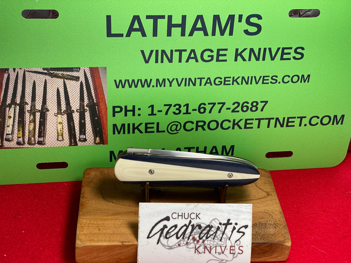 GEDRAITIS,CHUCK KNIVES 2024 CHURCHILL ART DECO 1 OF 1 CUSTOM AUTOMATIC KNIFE BLUE/WHITE G-10 HANDLES