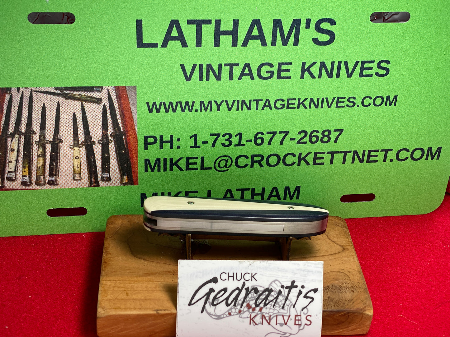 GEDRAITIS,CHUCK KNIVES 2024 CHURCHILL ART DECO 1 OF 1 CUSTOM AUTOMATIC KNIFE BLUE/WHITE G-10 HANDLES