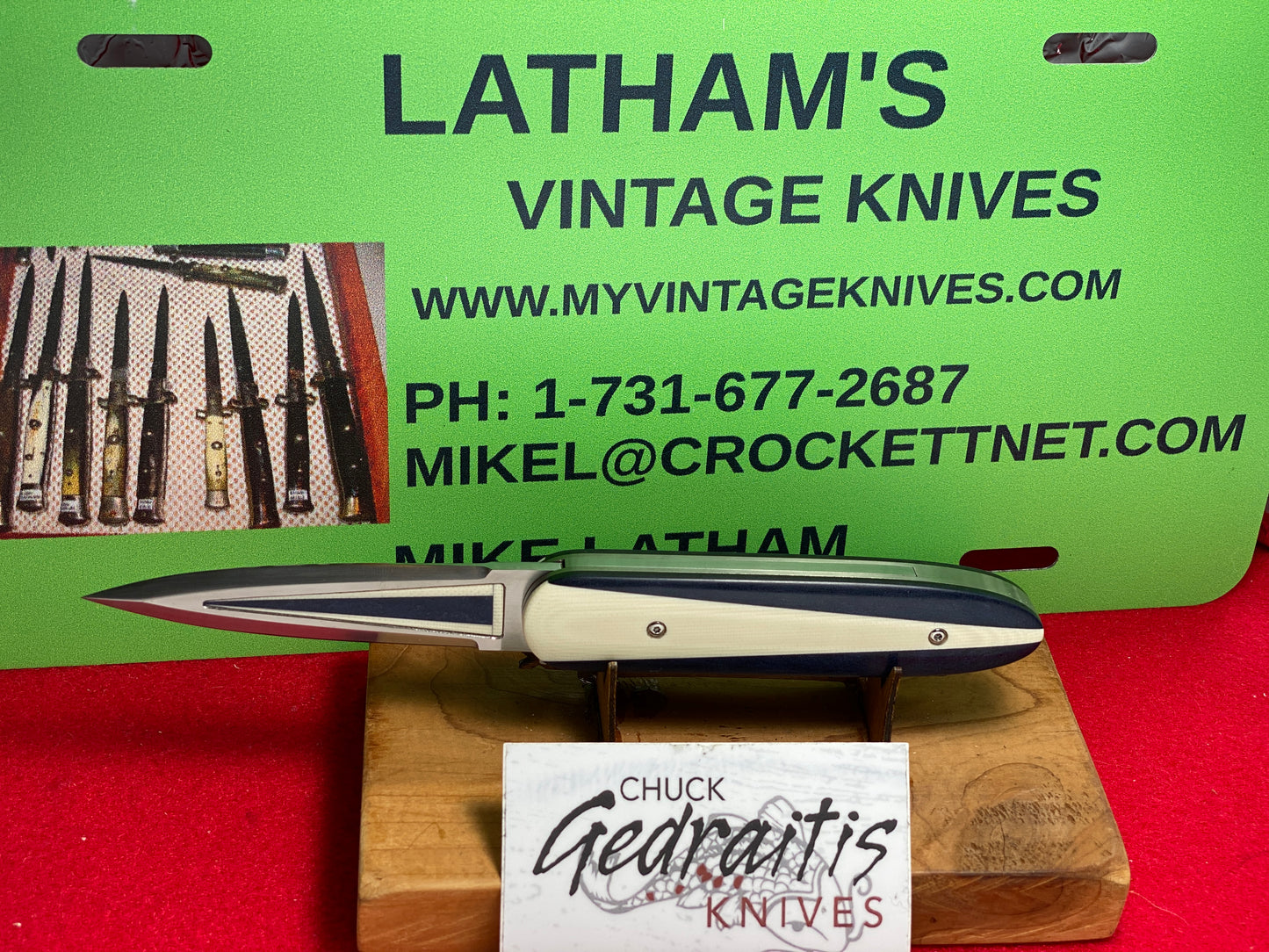 GEDRAITIS,CHUCK KNIVES 2024 CHURCHILL ART DECO 1 OF 1 CUSTOM AUTOMATIC KNIFE BLUE/WHITE G-10 HANDLES