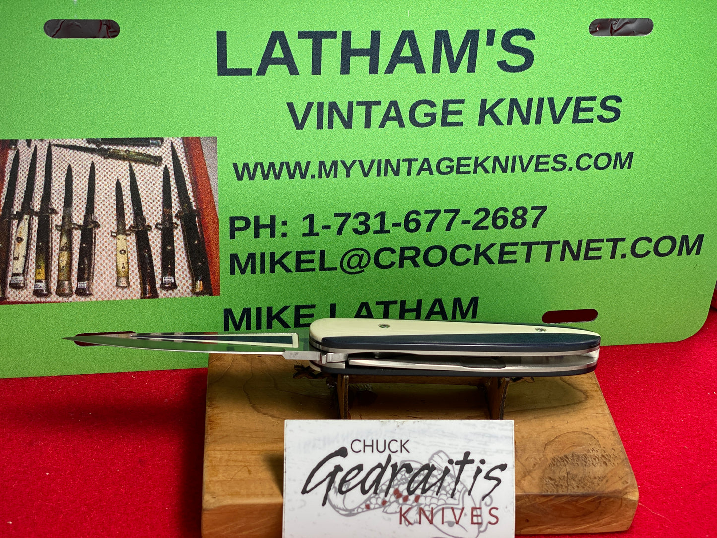 GEDRAITIS,CHUCK KNIVES 2024 CHURCHILL ART DECO 1 OF 1 CUSTOM AUTOMATIC KNIFE BLUE/WHITE G-10 HANDLES