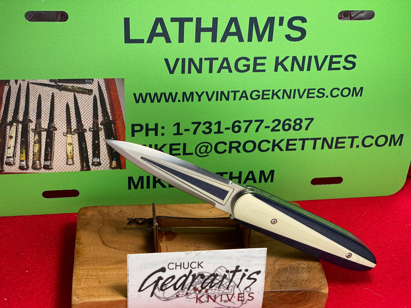 GEDRAITIS,CHUCK KNIVES 2024 CHURCHILL ART DECO 1 OF 1 CUSTOM AUTOMATIC KNIFE BLUE/WHITE G-10 HANDLES