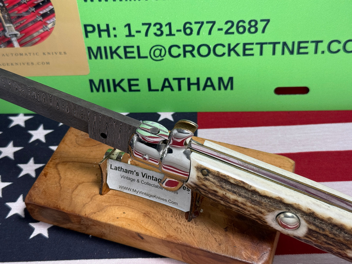 STERILE A.G.A. CAMPOLIN 2010 STILETTO SWIVEL BOLSTER DAMACUS STEEL 38 CM ITALIAN AUTOMATIC KNIFE STAG HANDLES