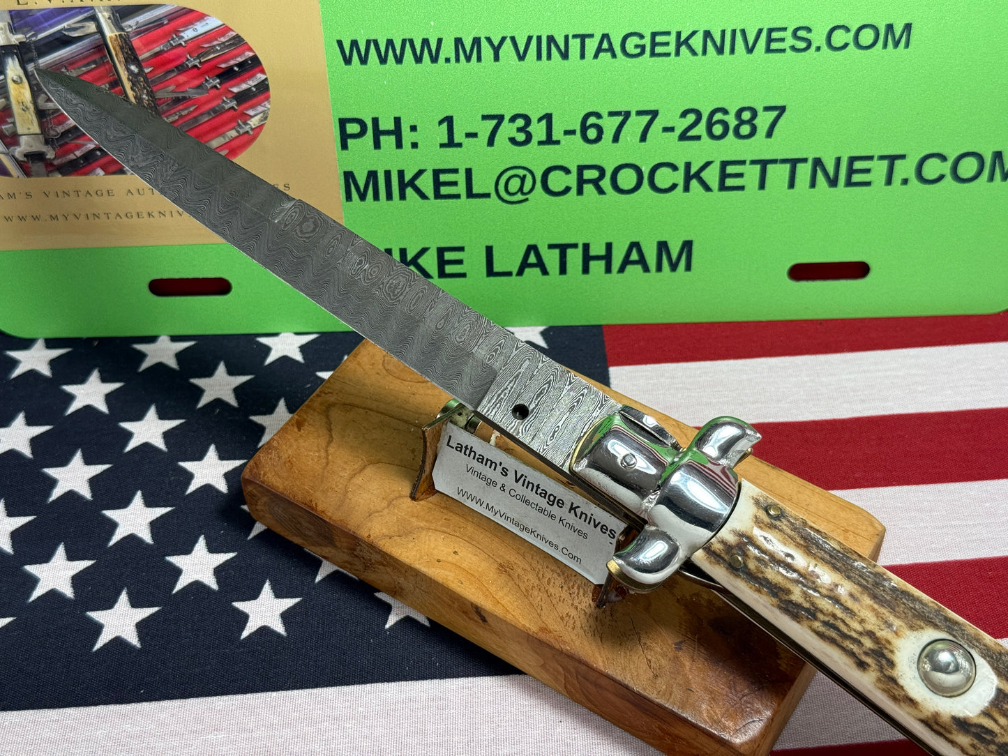 STERILE A.G.A. CAMPOLIN 2010 STILETTO SWIVEL BOLSTER DAMACUS STEEL 38 CM ITALIAN AUTOMATIC KNIFE STAG HANDLES