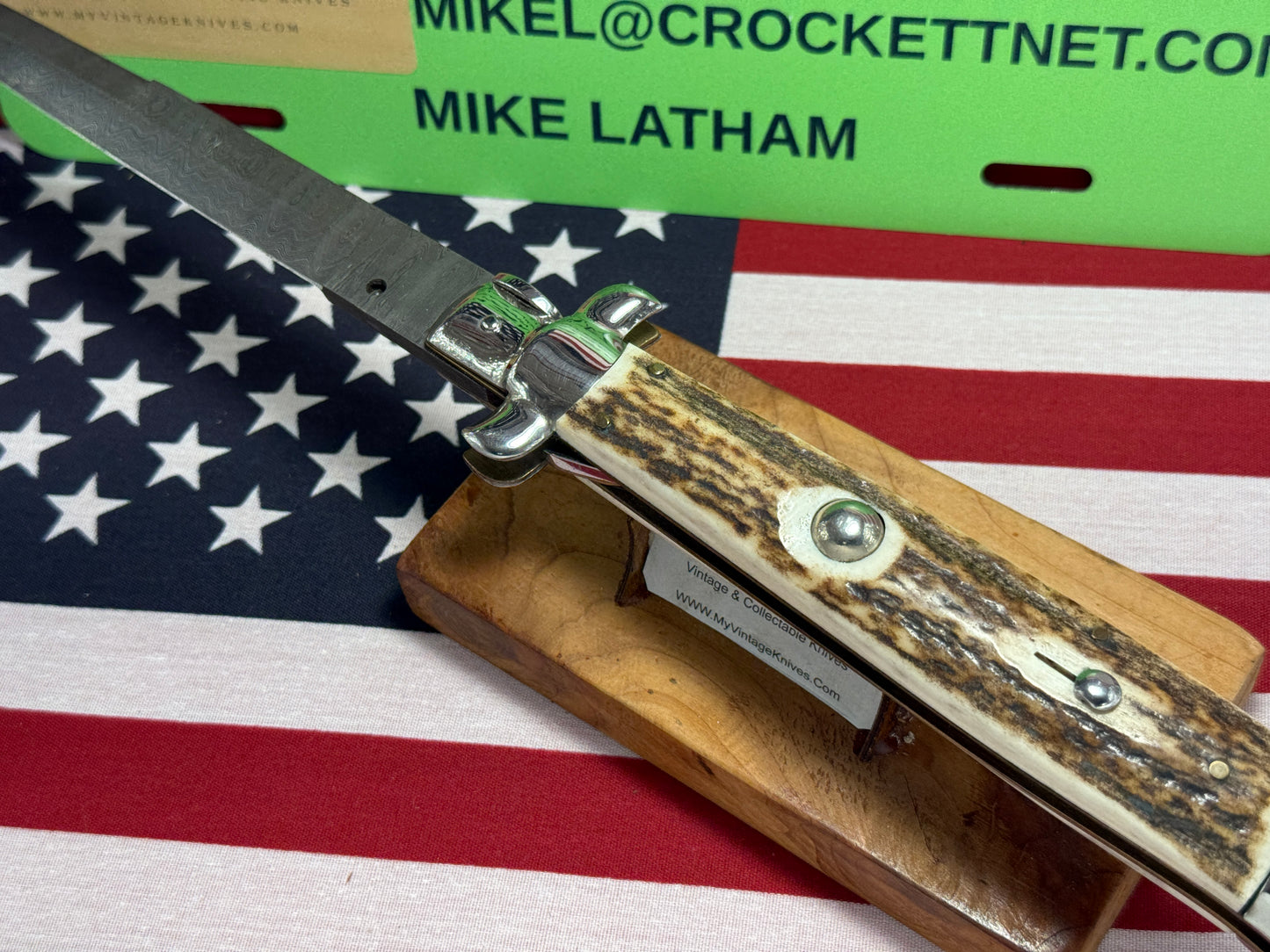 STERILE A.G.A. CAMPOLIN 2010 STILETTO SWIVEL BOLSTER DAMACUS STEEL 38 CM ITALIAN AUTOMATIC KNIFE STAG HANDLES